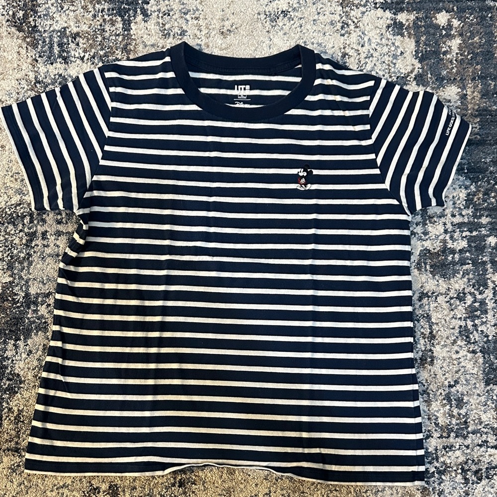 Uniqlo Navy & White Striped Tee with Small Embroidered Mickey